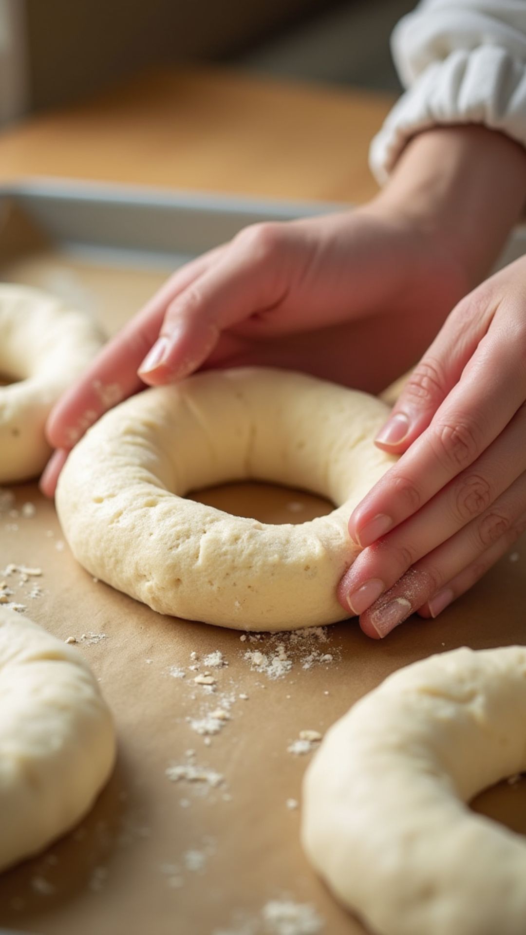 Shaping cottage cheese protein bagel dough by hand
