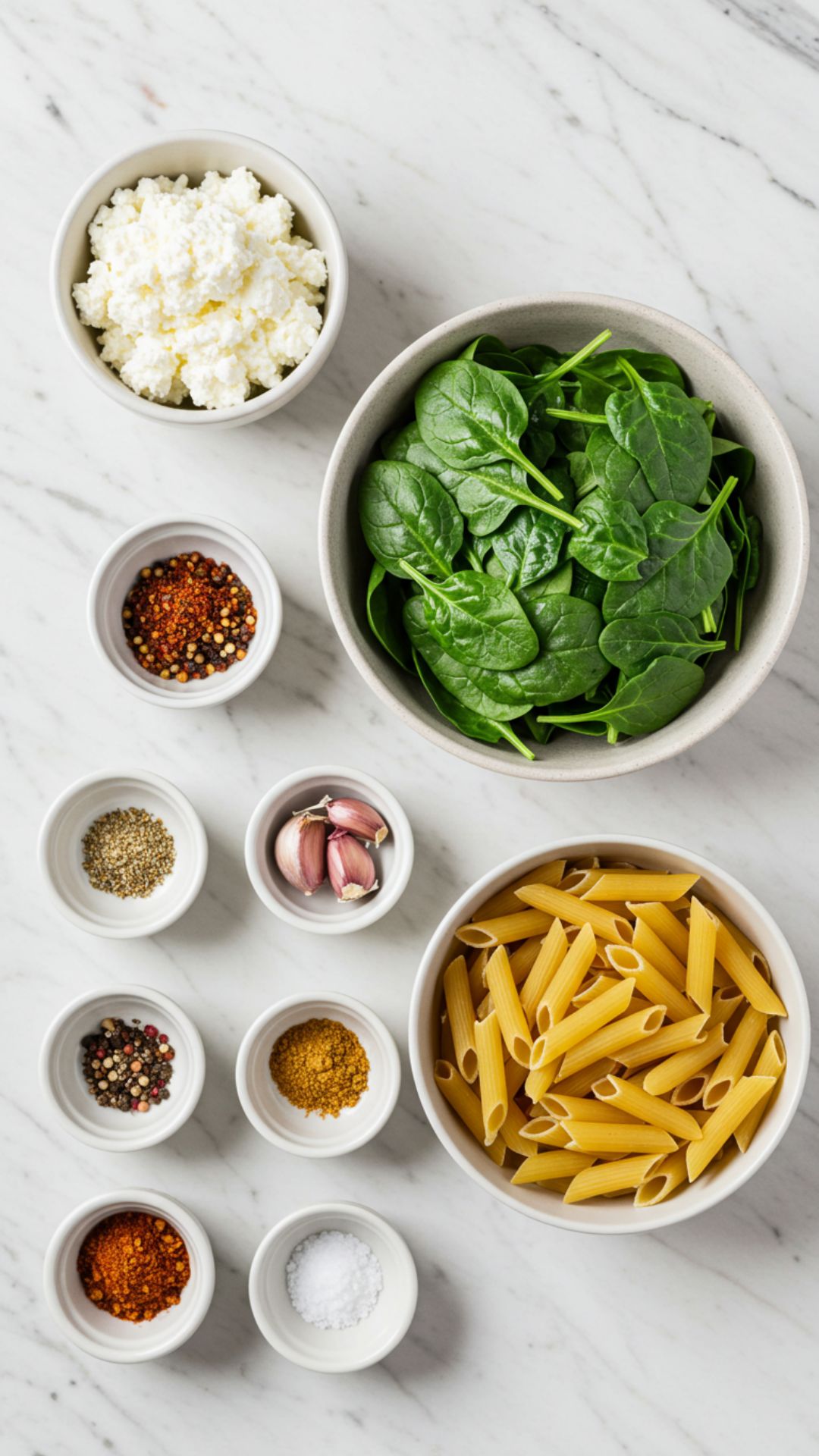 spinach cottage cheese pasta ingredients flatlay
