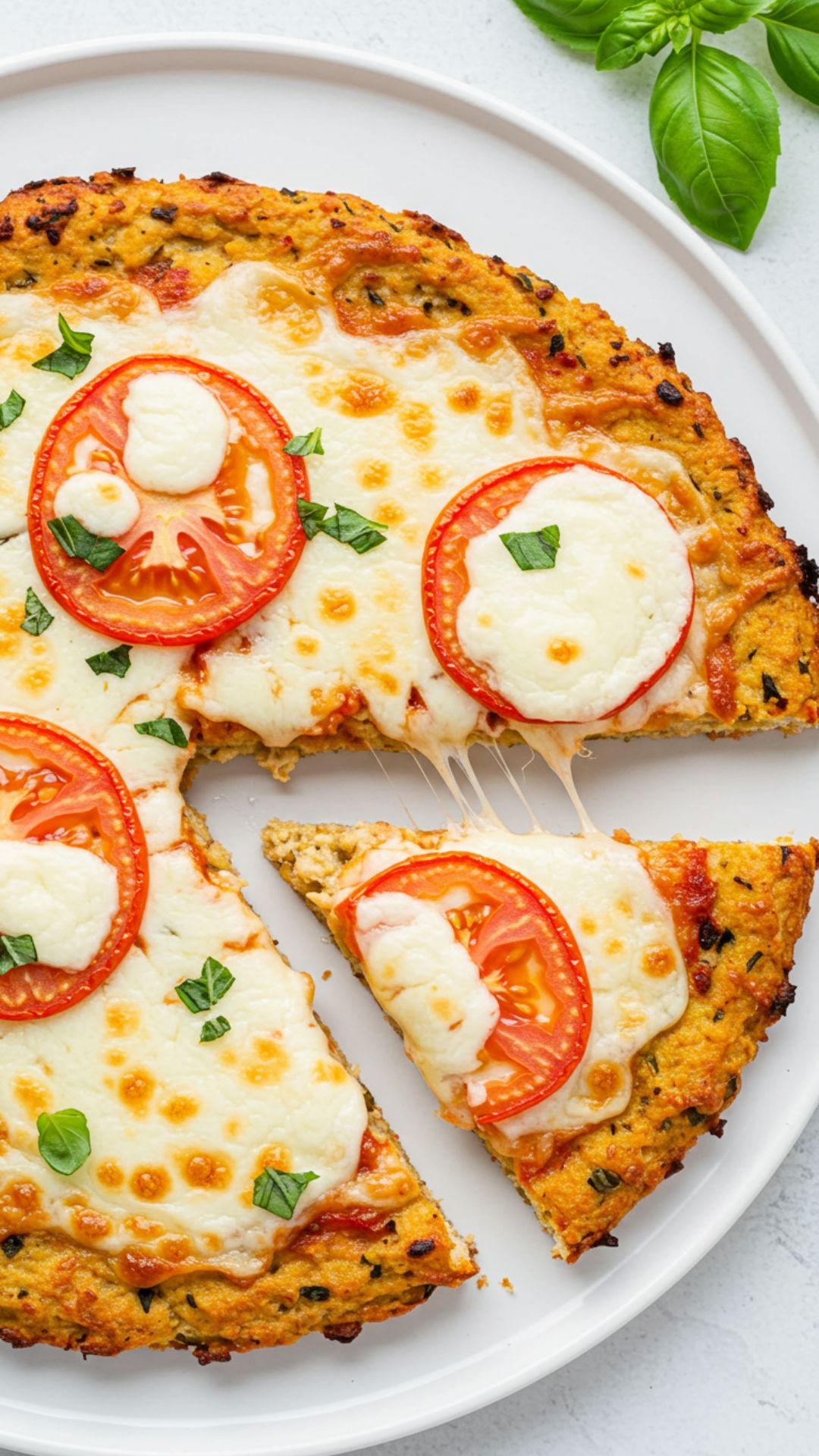 thin-chicken-crust-pizza-slice-removed Thin chicken crust pizza topped with cheese and tomato slices, with one slice removed showing melted cheese.