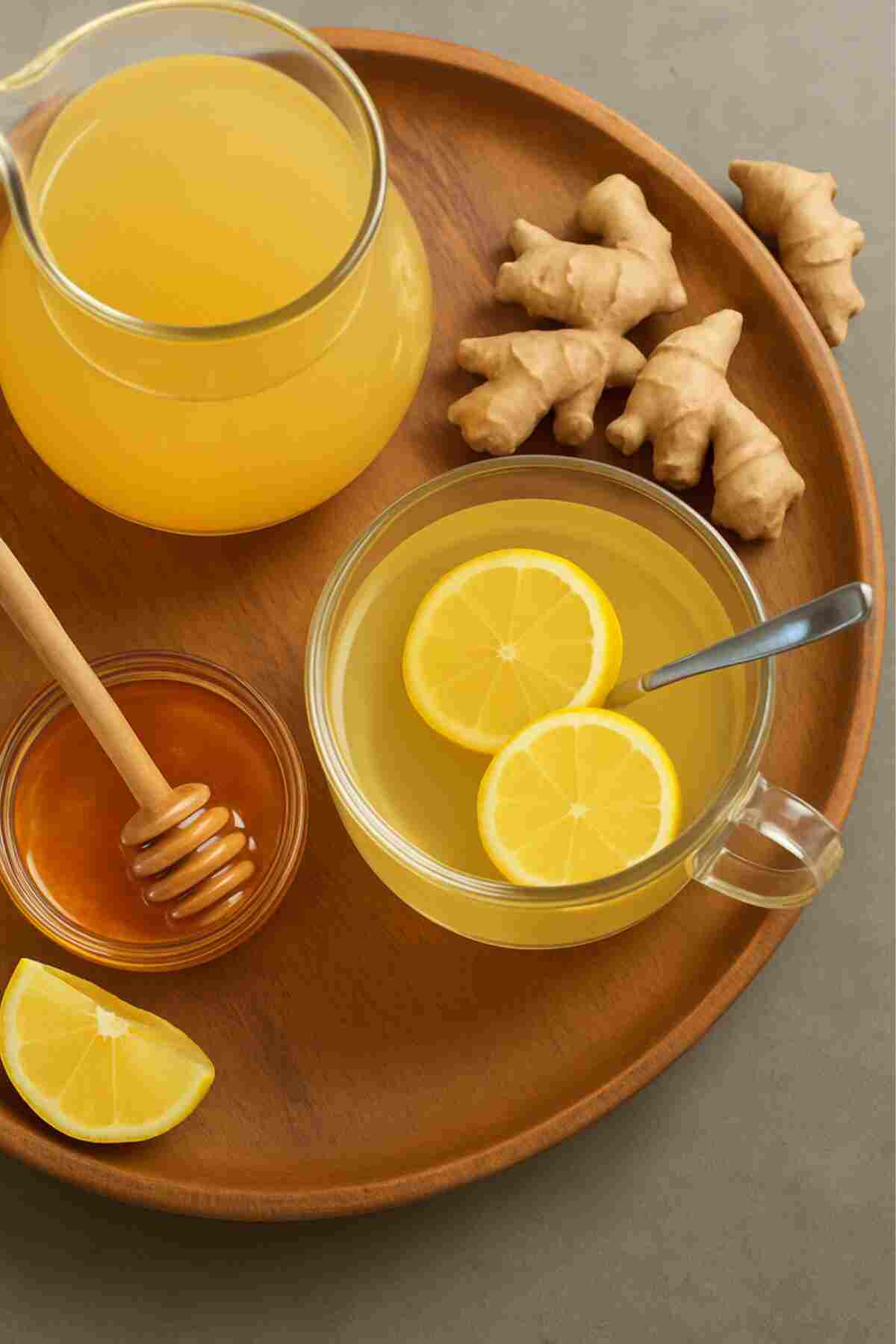 Fresh ginger lemon tea with honey and ginger roots on a wooden tray, top-down view