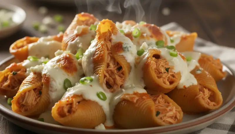 Creamy Buffalo Chicken Stuffed Shells close up details