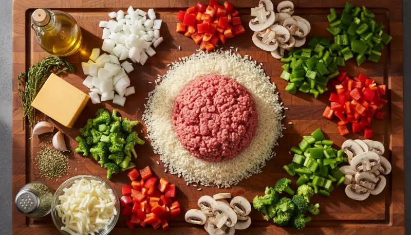 Cheesy Hamburger Rice Casserole ingredients
